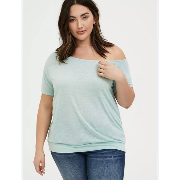 TORRID Plus Size 4 (26) Off-Shoulder Featherlight Slub Tee Mint Green - Picture 1 of 11